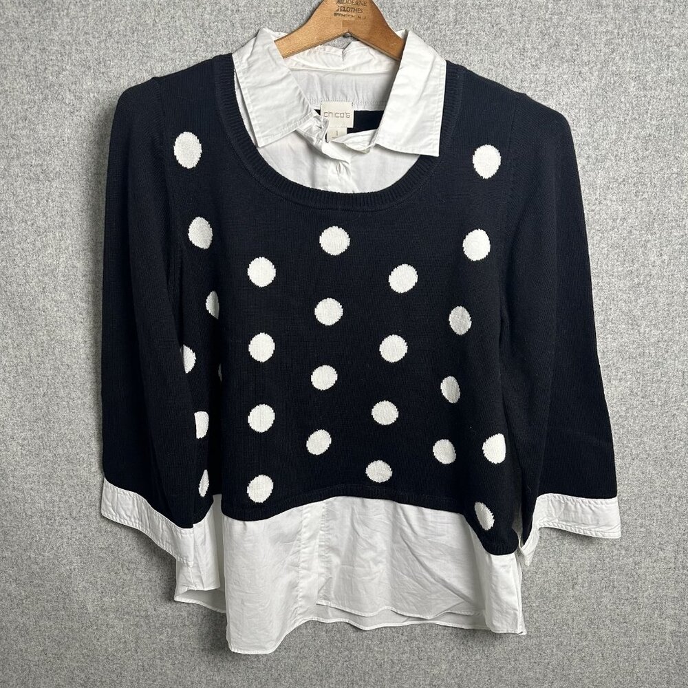 New Chicos Women’s Size 1 Top Womens Black White Polka Dot Collared‎ 3/4 Sleeve